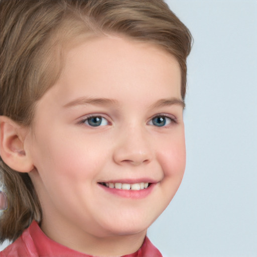 Joyful white child female with short  brown hair and grey eyes