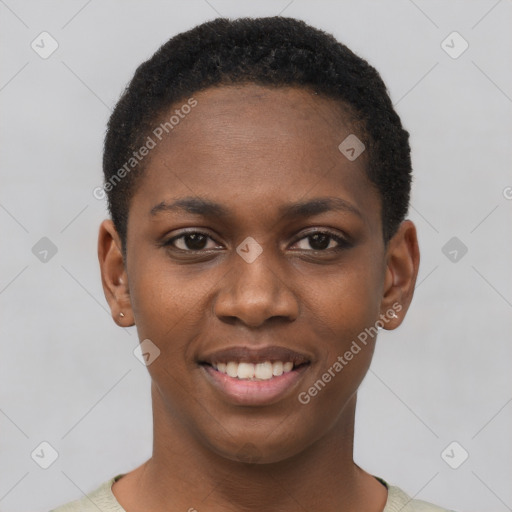 Joyful black young-adult female with short  black hair and brown eyes