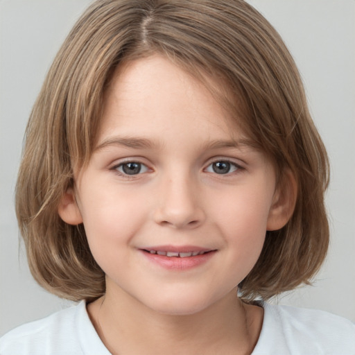 Joyful white child female with medium  brown hair and brown eyes