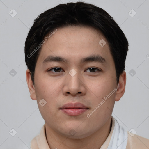 Neutral asian young-adult male with short  brown hair and brown eyes