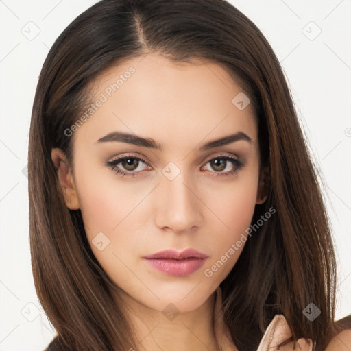 Neutral white young-adult female with long  brown hair and brown eyes