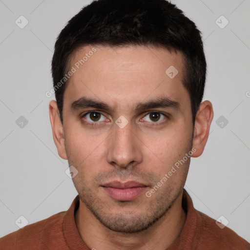 Neutral white young-adult male with short  brown hair and brown eyes