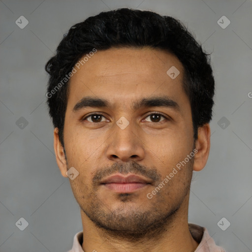 Neutral latino young-adult male with short  black hair and brown eyes