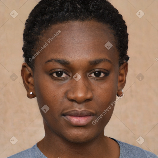 Neutral black young-adult female with short  black hair and brown eyes