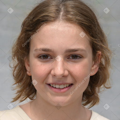 Joyful white child female with medium  brown hair and brown eyes