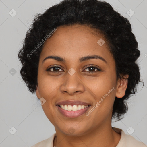 Joyful latino young-adult female with long  black hair and brown eyes