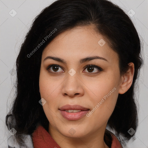 Joyful latino young-adult female with medium  brown hair and brown eyes