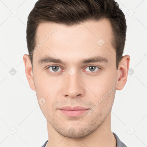 Neutral white young-adult male with short  brown hair and brown eyes