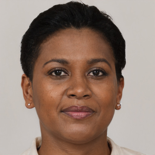 Joyful black adult female with short  brown hair and brown eyes