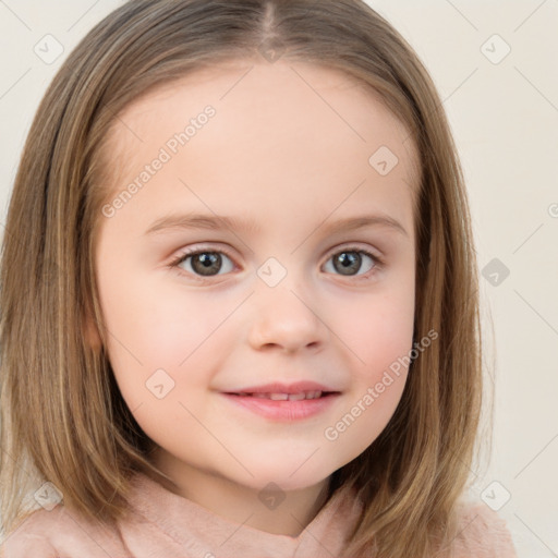 Joyful white child female with medium  brown hair and brown eyes