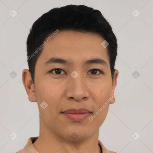 Joyful asian young-adult male with short  black hair and brown eyes