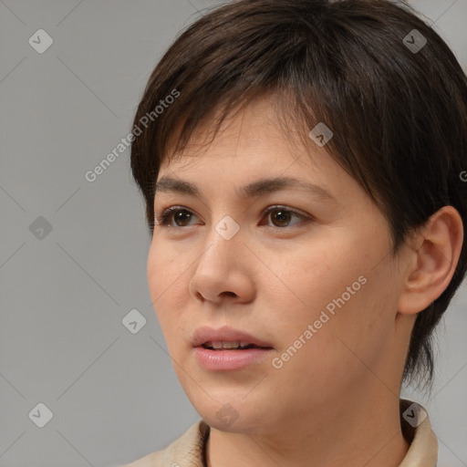 Neutral white young-adult female with medium  brown hair and brown eyes