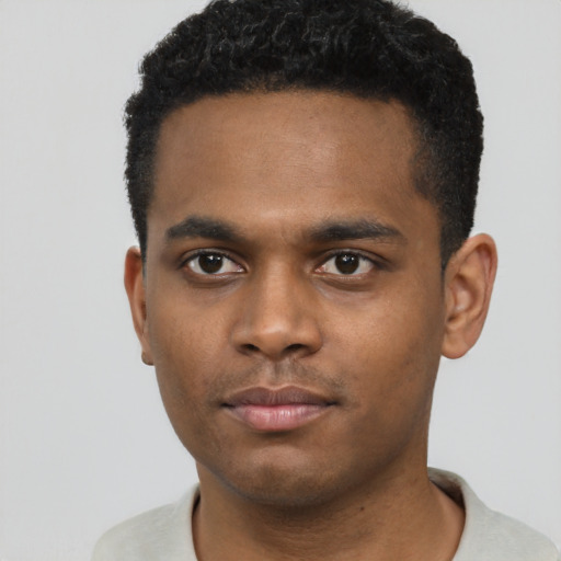 Neutral black young-adult male with short  black hair and brown eyes
