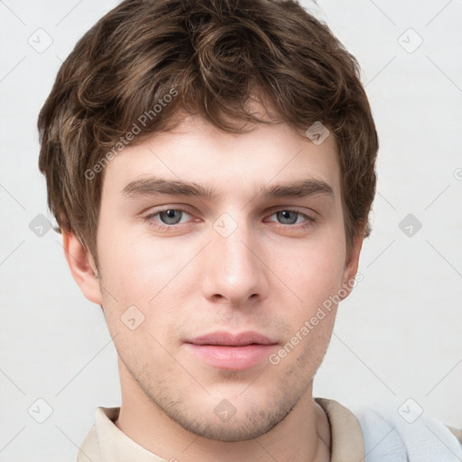 Neutral white young-adult male with short  brown hair and grey eyes