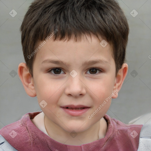 Joyful white child male with short  brown hair and brown eyes