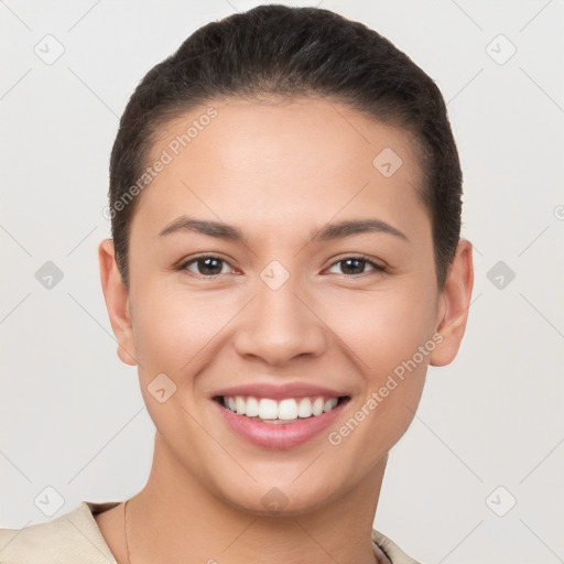 Joyful white young-adult female with short  brown hair and brown eyes