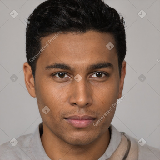 Neutral latino young-adult male with short  brown hair and brown eyes