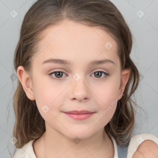 Joyful white child female with medium  brown hair and brown eyes