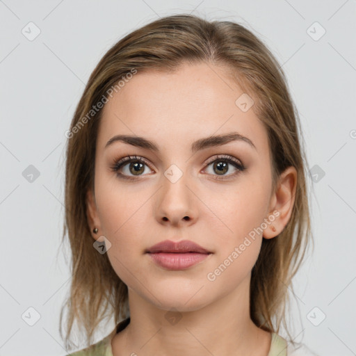 Neutral white young-adult female with medium  brown hair and brown eyes