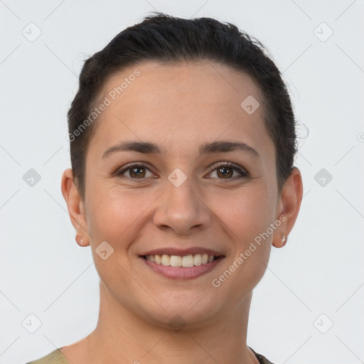 Joyful white young-adult female with short  brown hair and brown eyes