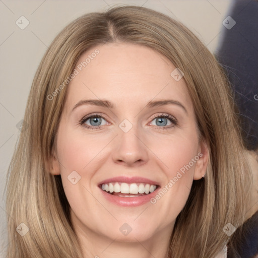 Joyful white young-adult female with medium  brown hair and grey eyes