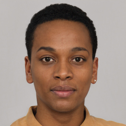 Neutral black young-adult female with short  black hair and brown eyes