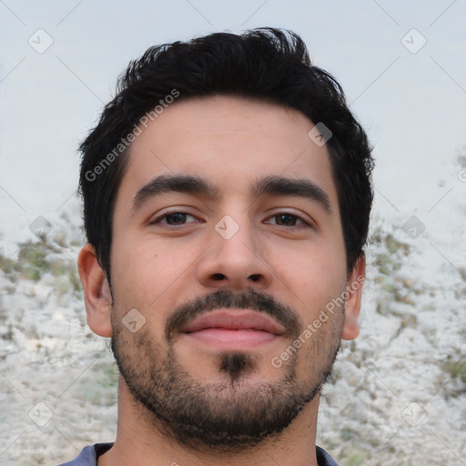 Neutral latino young-adult male with short  black hair and brown eyes