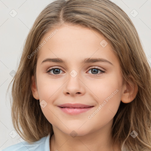 Joyful white child female with medium  brown hair and brown eyes