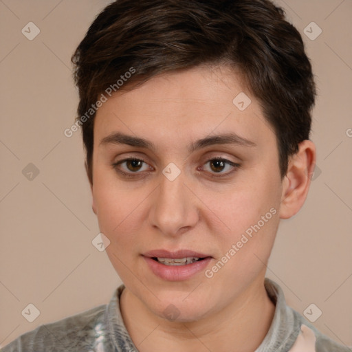 Joyful white young-adult female with short  brown hair and brown eyes