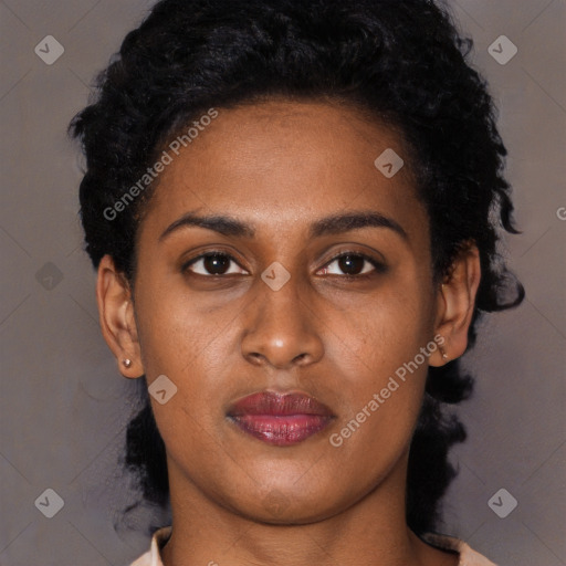 Neutral latino young-adult female with short  brown hair and brown eyes