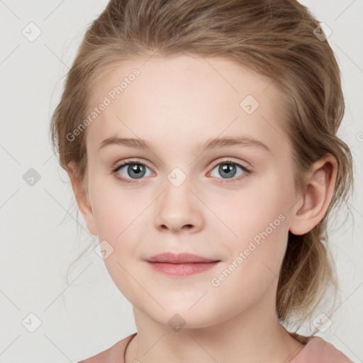 Joyful white child female with medium  brown hair and blue eyes