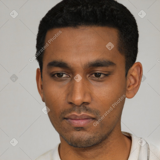 Neutral latino young-adult male with short  black hair and brown eyes