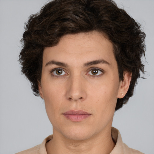 Neutral white young-adult female with short  brown hair and brown eyes