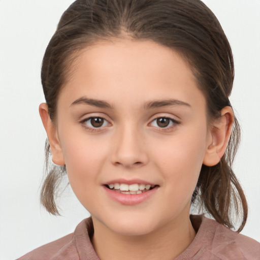 Joyful white child female with medium  brown hair and brown eyes