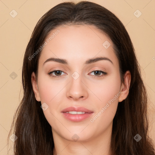 Neutral white young-adult female with long  brown hair and brown eyes