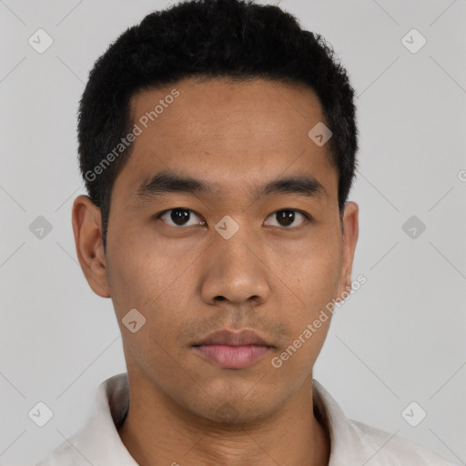 Neutral asian young-adult male with short  black hair and brown eyes