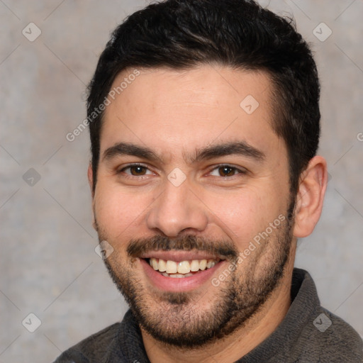 Joyful white young-adult male with short  black hair and brown eyes