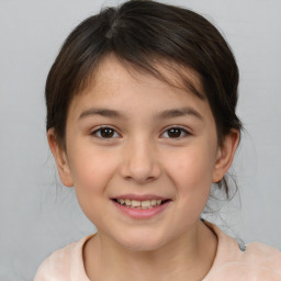 Joyful white child female with medium  brown hair and brown eyes