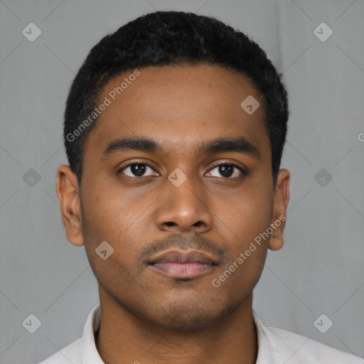 Neutral latino young-adult male with short  black hair and brown eyes