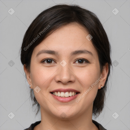 Joyful white young-adult female with medium  brown hair and brown eyes