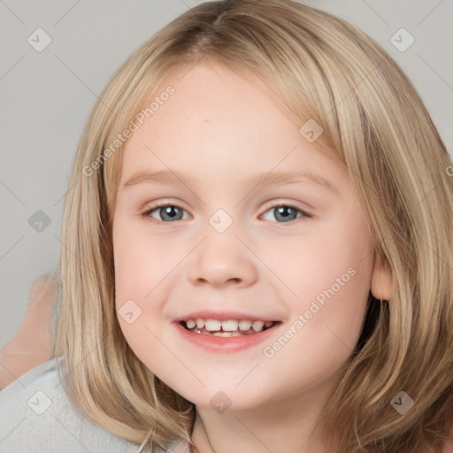 Joyful white child female with medium  brown hair and brown eyes