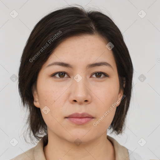 Neutral asian young-adult female with medium  brown hair and brown eyes