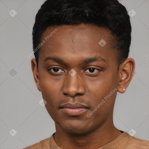 Neutral latino young-adult male with short  black hair and brown eyes