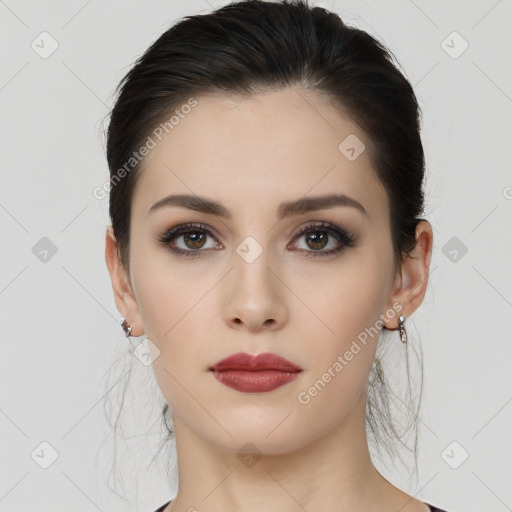 Neutral white young-adult female with medium  brown hair and brown eyes