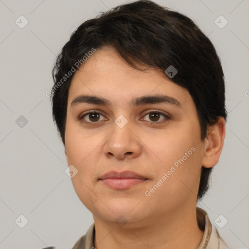 Neutral latino young-adult female with short  brown hair and brown eyes