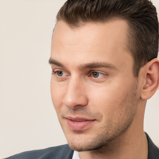 Neutral white young-adult male with short  brown hair and brown eyes