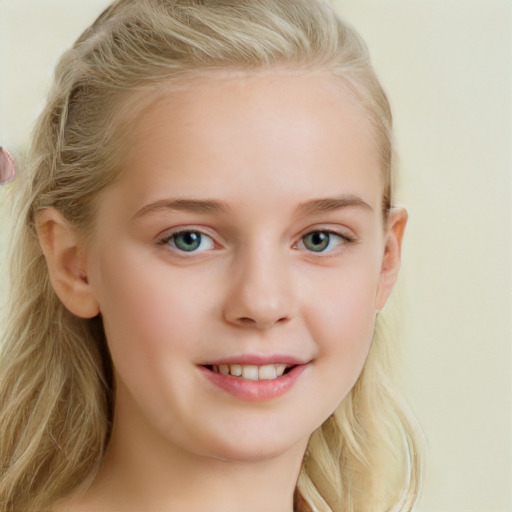 Joyful white child female with long  blond hair and blue eyes