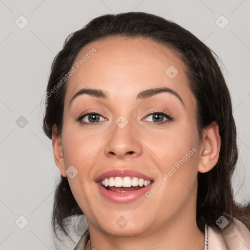 Joyful white young-adult female with medium  brown hair and brown eyes