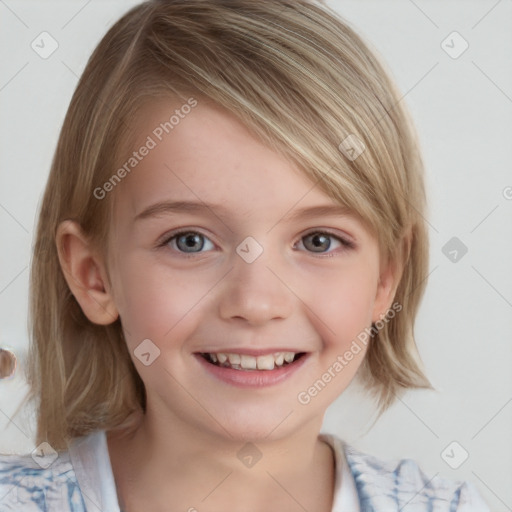 Joyful white child female with medium  brown hair and blue eyes