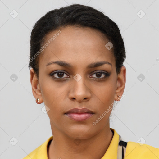 Neutral black young-adult female with short  black hair and brown eyes